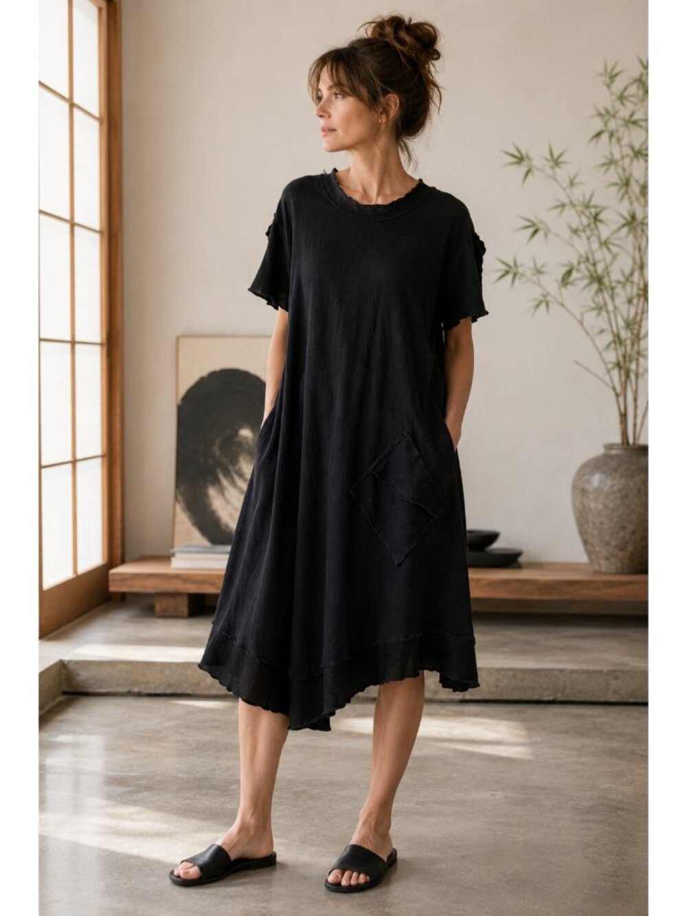 Oh My Gauze Black Cotton Midi Dress Size 2 Lagenlook Pocket Raw Edge Boho Artsy